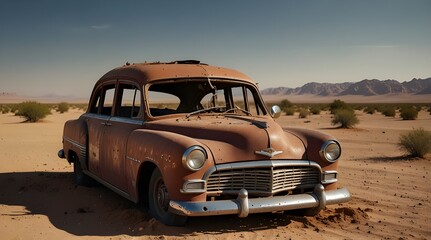 old classic wreck of retro vintage car left rusty ruin.generative.ai 