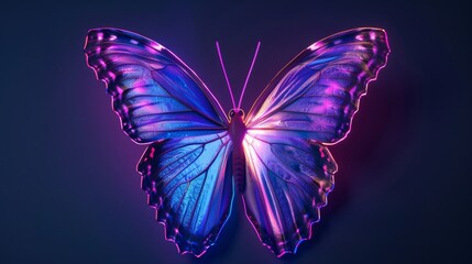 Bioluminescent butterfly with vibrant wings, close-up view. Nature and light concept