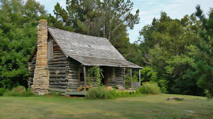Obraz premium Log cabin in a forest in the summer amongst lush evergreens.