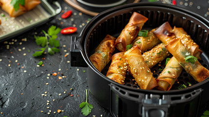 Air fryer with golden brown Spring rolls garnished with sesame seeds and fresh herbs


