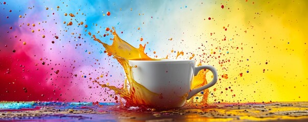 Colorful splash of paint around white cup