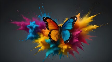 Multicolor powder paint explosion splashing onto a butterfly .generative.ai 