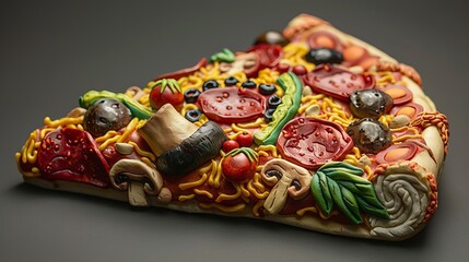 Intricate plasticine pizza slice with realistic toppings such as pepperoni, mushrooms, and bell peppers, highlighted in multiple colors