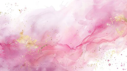 Pink watercolor background with gold accents.