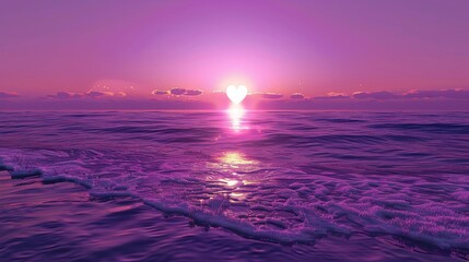 Heart-shaped sun over a serene purple ocean at sunset, romantic evening. Nature and love concept