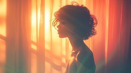 A woman stands in profile, bathed in the warm, golden light of the setting sun streaming through soft curtains, evoking a sense of tranquility, introspection, and peaceful contemplation.