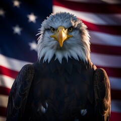 a bald eagle with a yellow beak with the American flag in the background