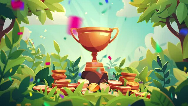 trophy cup on top of gold coins cartoon style, blur background and confetti effect.