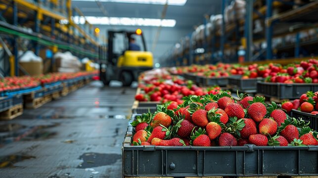 Industrial warehouse scene with packed crates of strawberries on pallets, forklift in the background