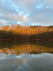Sunset on a Serene Lake with Reflective Trees: Capturing the Tranquil Beauty of Nature, Golden Hour Light, and Mirror-Like Water, Perfect for Landscape and Nature Photography Enthusiasts