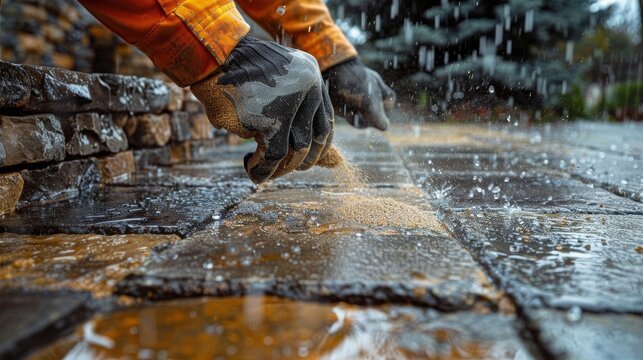 Hands in work gloves applying polymeric sand to pavers, with visible raindrops and water on the stones
