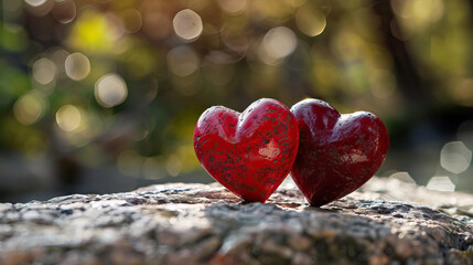 Obraz premium grunge two hearts, symbols of love and affection on top of rock against bokeh green garden background with copy space.