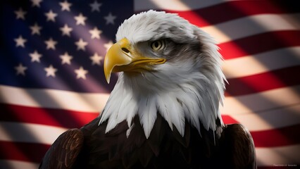 Naklejka premium a bald eagle with a yellow beak with the American flag in the background