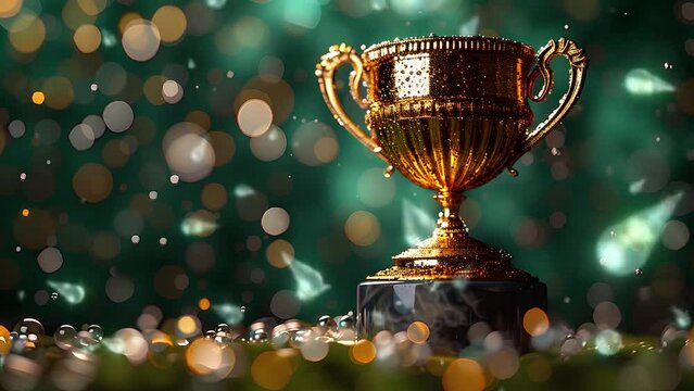 Champion gold cup on wooden confetti. looping video