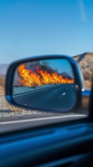 Car side mirror reflecting wildfire near roadside, desert landscape. Natural disaster and emergency concept