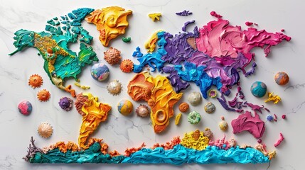 Handcrafted plasticine world map with colorful continents, each adorned with unique patterns and textures