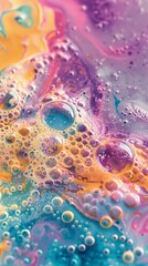 Abstract colorful liquid with bubbles, close-up view. Modern art and creativity concept