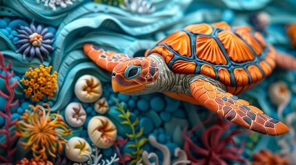 Handcrafted plasticine ocean scene, close-up of a sea turtle being sculpted among vibrant seaweed and anemones