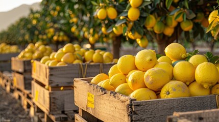 Freshly picked lemons in sturdy crates, stacked and labeled for shipping, with a vibrant countryside backdrop