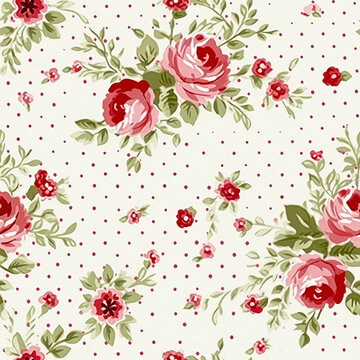 Seamless pattern, tileable floral country holiday print with roses, dots and flowers for wallpaper, wrapping paper, scrapbook, fabric and polka dot roses product design idea