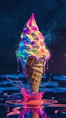 Colorful neon ice cream cone with splash effect, vibrant background. Creative food art concept