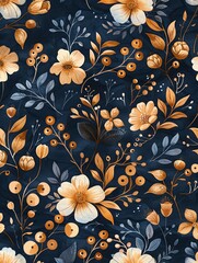 A seamless pattern of Blush and Bronze flowers, leaves and vines on a Cerulean background, as a flat vector illustration drawn in the style of hand drawing, simple yet elegant with