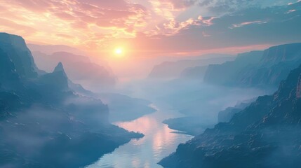 Fantasy mountain landscape with sunset. Foggy sunset, mountains, mountain river, gorge. Abstract fantastic futuristic landscape. 3D illustration