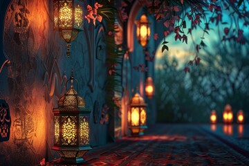 Stunning Generative AI-crafted Islamic background with lanterns in UHD 4K.