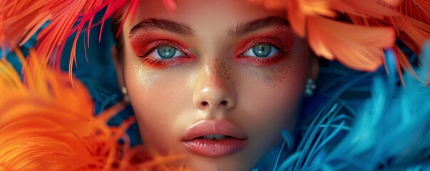 Obraz premium Capture a dynamic, tilted angle view of a fashion model in avant-garde attire Utilize vibrant colors and digital techniques for a futuristic look