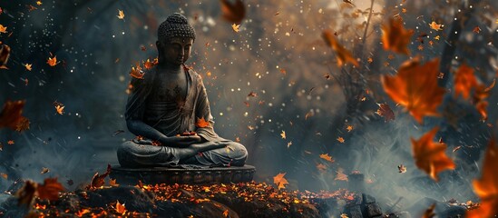 Buddha statue meditating in ancient temple with ethereal glow