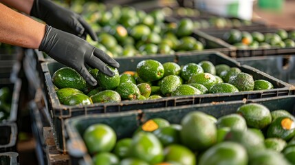 Freshly harvested avocados being packed into crates, with a focus on the quality and readiness for shipment