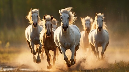 Vibrant image capturing galloping ponies in a meadow, radiating spirited energy and equestrian beauty in a tranquil rural setting.