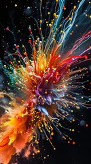 Colorful abstract explosion with vibrant paint splashes, dark background. Modern art and creativity concept