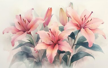A beautiful watercolor painting of pastel pink lilies in full bloom, surrounded by soft greenery, conveying a sense of grace and tranquility.