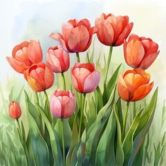 Obraz premium A beautiful watercolor painting of red and pink tulips in full bloom, showcasing the elegance and vibrant colors of the flowers in a garden setting.