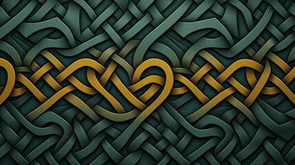 Detailed Celtic knot design in green and gold, flat illustration with traditional patterns, perfect for highquality products and projects.