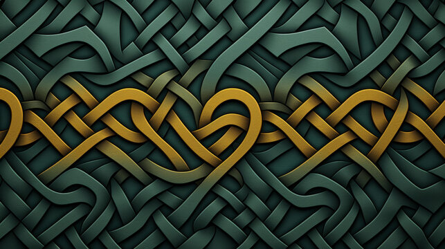 Detailed Celtic knot design in green and gold, flat illustration with traditional patterns, perfect for highquality products and projects.