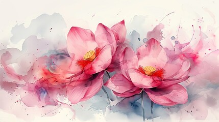 Fototapeta premium A watercolor painting of two pink lotus flowers on a soft, abstract background. Ideal for art lovers and nature enthusiasts.