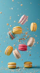 Colorful macarons floating with crumbs against blue background. Dessert food concept