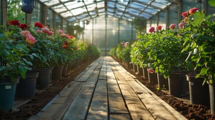 Entering a greenhouse with a wooden walkway, surrounded by rows of young rose plants, the air filled with the promise of blooming roses