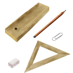 A set of school subjects for a math lesson. Ruler, pencil case, pencil, paper clip,eraser. Watercolor illustration in digital format. 