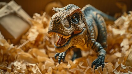 Detailed toy T-Rex dinosaur near a paper shred gift box, high-contrast lighting