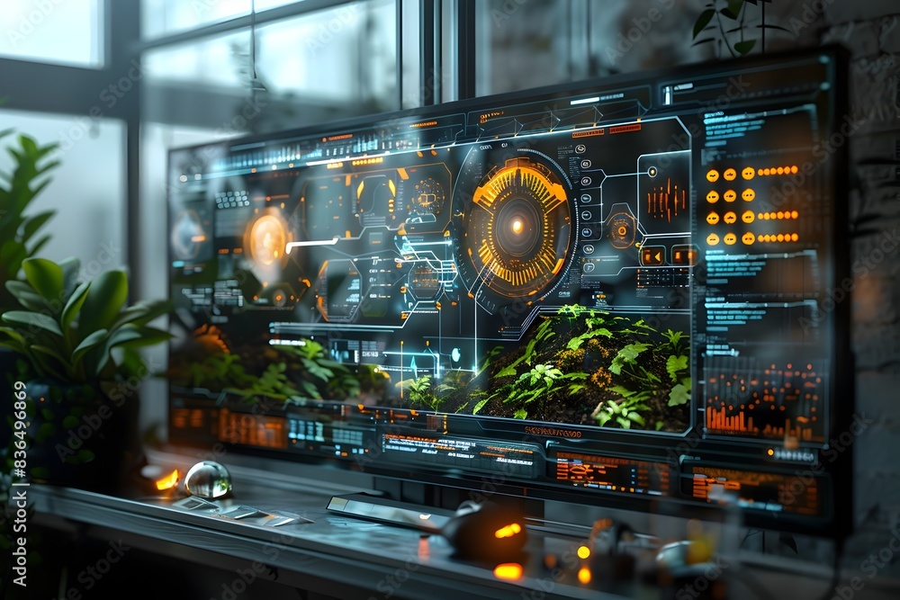Poster futuristic coastal control interface with holographic displays and automated robotic systems for opt