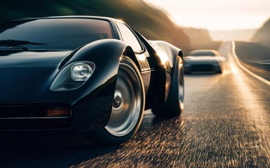 Sport black car drove fast, capturing a shot from the front wheel, showing the blurred road and...