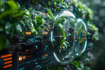 Futuristic Robotic Tiller Interface Overlaying Lush Coastal Landscape