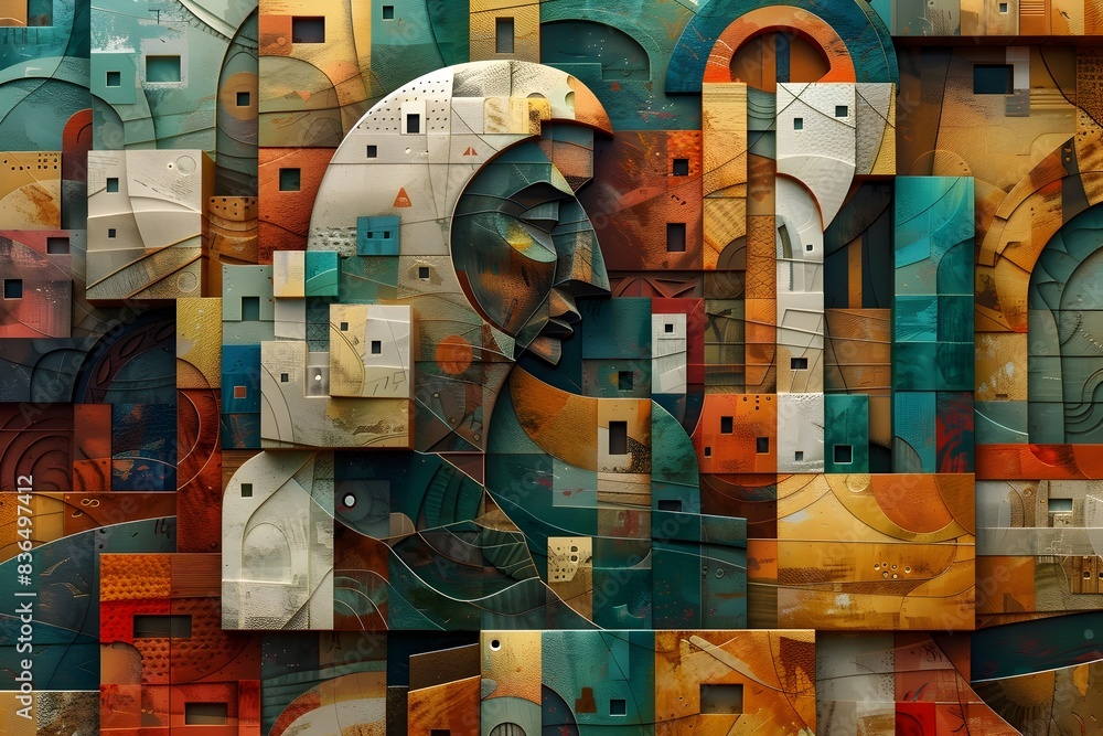 Poster cubist architectural fantasy:fragmented cityscape in vibrant geometric abstraction