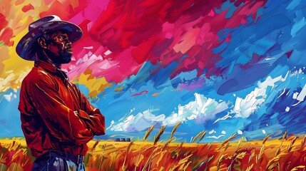 Solitary Figure Contemplating the Vast Expanse of the Colorful Prairie Landscape