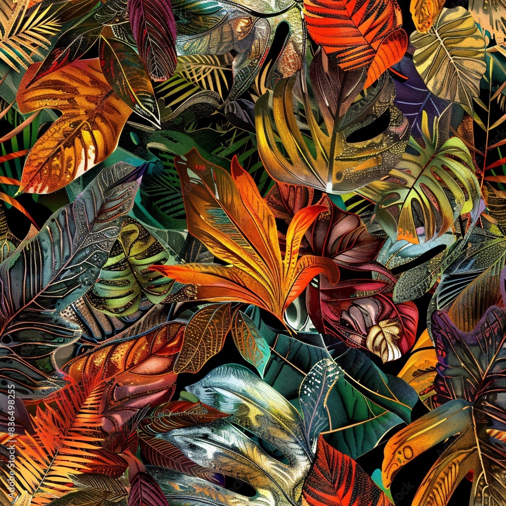Poster a seamless pattern featuring a variety of exotic leaves intricately arranged in a continuous design 