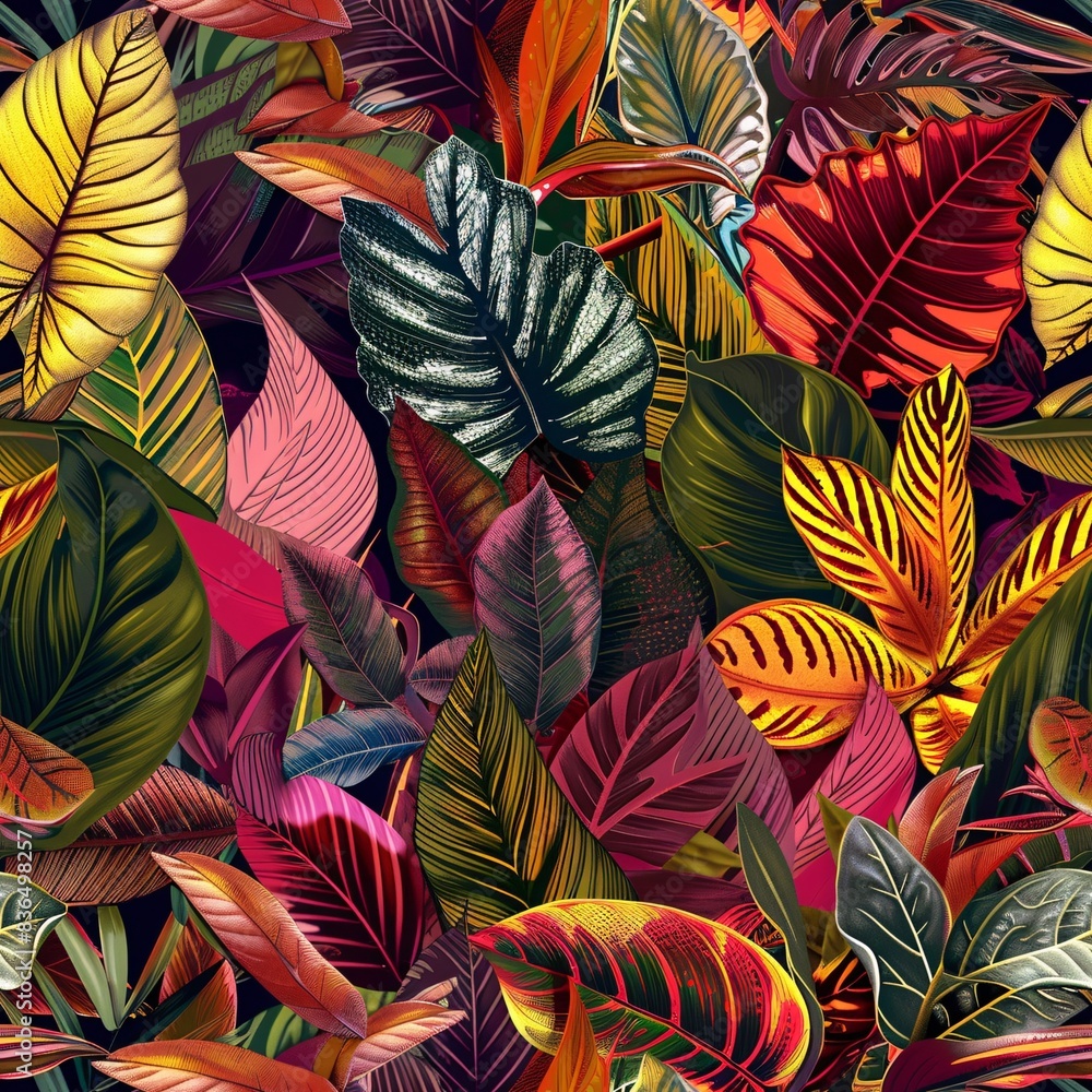 Poster a seamless pattern featuring a variety of exotic leaves intricately arranged in a continuous design 