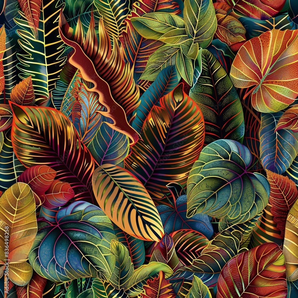 Poster a seamless pattern featuring a variety of exotic leaves intricately arranged in a continuous design 
